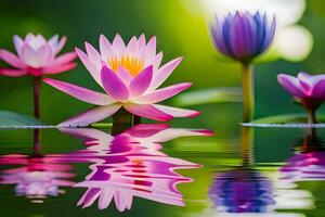 drie roze lotus bloemen zijn weerspiegeld in de water. ai-gegenereerd foto