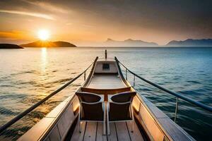een boot met twee stoelen Aan de dek Bij zonsondergang. ai-gegenereerd foto