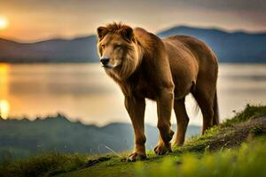 een leeuw staat Aan een heuvel met uitzicht een meer. ai-gegenereerd foto