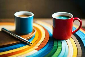 twee koffie cups zitten Aan een kleurrijk tafel. ai-gegenereerd foto