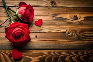 twee rood rozen Aan een houten tafel. ai-gegenereerd foto
