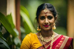 een mooi Indisch vrouw in een rood sari. ai-gegenereerd foto