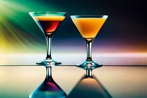 twee bril van verschillend gekleurde drankjes Aan een tafel. ai-gegenereerd foto