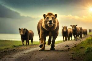 een leeuw wandelen langs een weg met een kudde van andere dieren. ai-gegenereerd foto