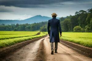 een Mens in een pak wandelingen naar beneden een aarde weg. ai-gegenereerd foto