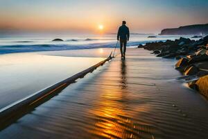 een Mens wandelen langs de strand Bij zonsondergang. ai-gegenereerd foto