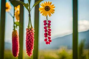 een hangende bloem met een zonnebloem en rood bessen. ai-gegenereerd foto