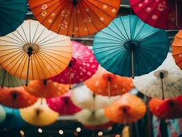 kleurrijk banier met een bundel van papier paraplu's generatief ai foto