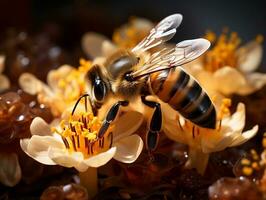 een boeiend macro visie van een bezig bijenkorf, met arbeider bijen onvermoeibaar verzamelen nectar van een verscheidenheid van bloemen generatief ai foto