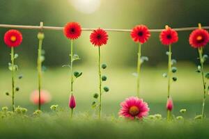 rood bloemen Aan een lijn in de gras. ai-gegenereerd foto