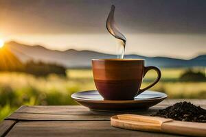 koffie kop met een kop van koffie Aan een houten tafel met een visie van de zonsondergang. ai-gegenereerd foto