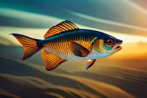een vis zwemmen in de zand Bij zonsondergang. ai-gegenereerd foto