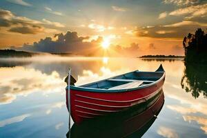 een rood boot zit Aan de water Bij zonsondergang. ai-gegenereerd foto