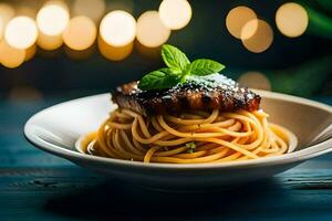 een bord van spaghetti met vlees en basilicum bladeren. ai-gegenereerd foto