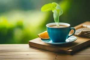 een kop van koffie met een blad Aan top. ai-gegenereerd foto