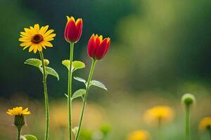 drie rood en geel bloemen in een veld. ai-gegenereerd foto