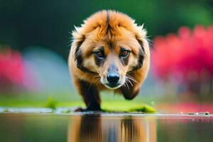 een hond rennen door water met bloemen in de achtergrond. ai-gegenereerd foto