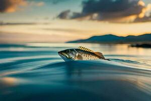 een vis zwemmen in de oceaan Bij zonsondergang. ai-gegenereerd foto