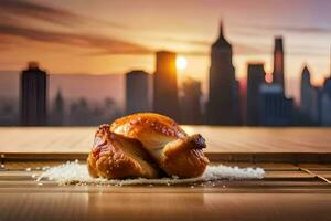 kip Aan een tafel in voorkant van de stad horizon. ai-gegenereerd foto