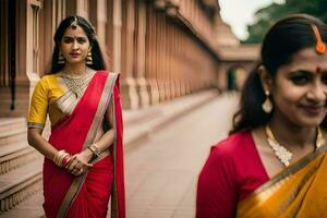 een vrouw in een rood sari en geel blouse. ai-gegenereerd foto