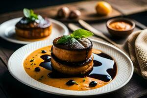 twee cakes zijn zittend Aan een bord met saus. ai-gegenereerd foto