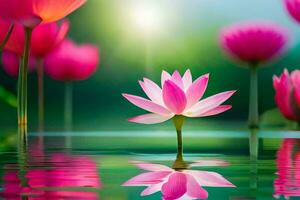 roze lotus bloem in water met zon schijnend door. ai-gegenereerd foto