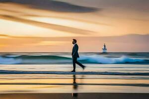 een Mens in een pak wandelingen langs de strand Bij zonsondergang. ai-gegenereerd foto