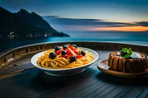 de voedsel is geserveerd Aan een houten tafel met een visie van de zee. ai-gegenereerd foto