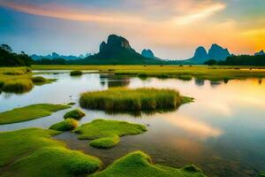 de zonsopkomst over- de li rivier- in China. ai-gegenereerd foto