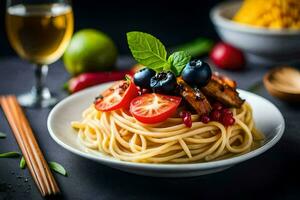 spaghetti met kip, tomaten en groenten Aan een bord. ai-gegenereerd foto