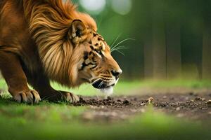 een tijger wandelen Aan de grond in de gras. ai-gegenereerd foto