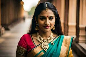 een vrouw in een sari poses voor een portret. ai-gegenereerd foto