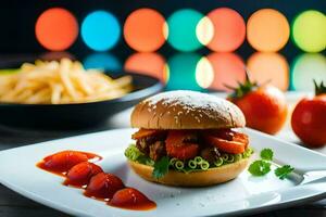 een Hamburger met tomaat saus en Patat Aan een wit bord. ai-gegenereerd foto