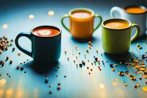 drie kleurrijk cups van koffie Aan een tafel. ai-gegenereerd foto