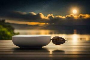 een kom van thee Aan een houten tafel met een visie van de oceaan. ai-gegenereerd foto