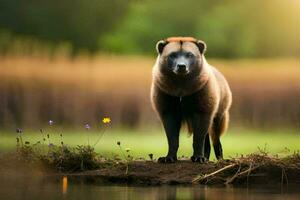 een bruin beer staand Aan de rand van een meer. ai-gegenereerd foto