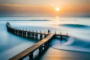 een Mens staat Aan een houten pier op zoek uit over- de oceaan. ai-gegenereerd foto