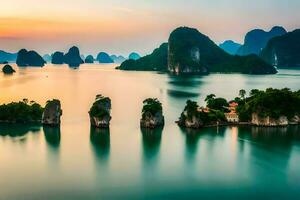 de zonsopkomst over- Halong baai. ai-gegenereerd foto