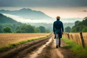 een Mens in een blauw pak en hoed wandelen naar beneden een aarde weg. ai-gegenereerd foto