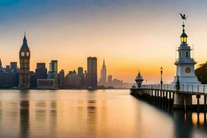 de stad horizon Bij zonsondergang met de groot ben toren in de achtergrond. ai-gegenereerd foto