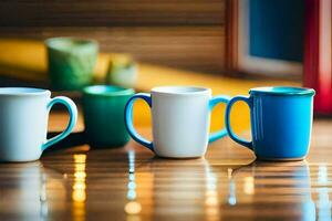 kleurrijk koffie cups Aan een houten tafel. ai-gegenereerd foto