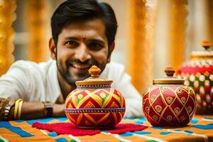 een Mens glimlacht terwijl poseren met twee kleurrijk potten. ai-gegenereerd foto
