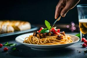 een hand- Holding een vork over- spaghetti met vlees en groenten. ai-gegenereerd foto