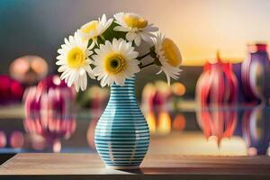een vaas met wit bloemen zittend Aan een tafel. ai-gegenereerd foto