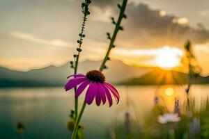 een Purper bloem is in voorkant van een meer en bergen. ai-gegenereerd foto