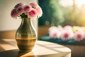 een vaas met roze bloemen zittend Aan een tafel. ai-gegenereerd foto