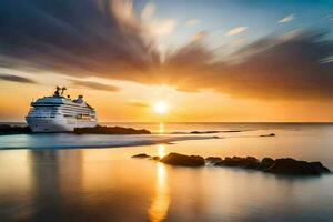 een reis schip in de oceaan Bij zonsondergang. ai-gegenereerd foto