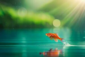 een vis jumping uit van de water. ai-gegenereerd foto