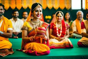 een bruid en bruidegom in traditioneel Indisch kleding. ai-gegenereerd foto
