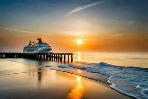 een reis schip aangemeerd Bij de pier Bij zonsondergang. ai-gegenereerd foto